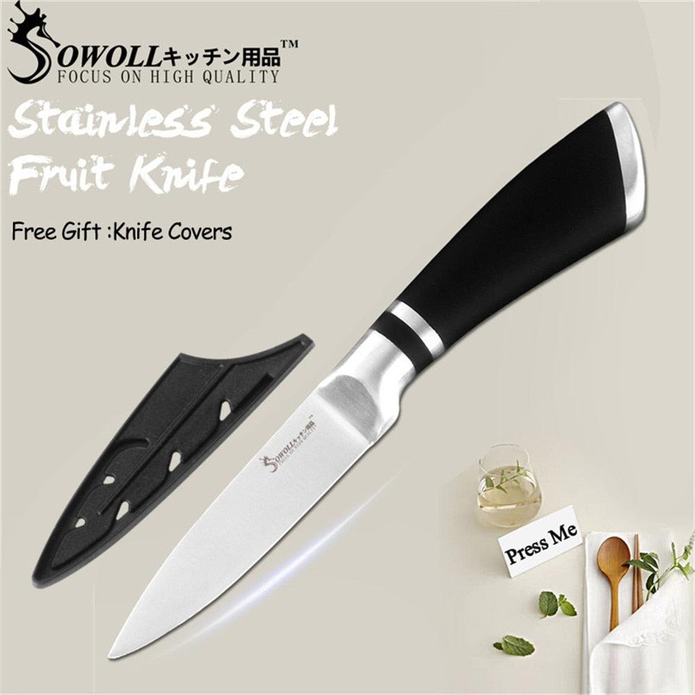 SOWOLL Kitchen Knives 1-7Pcs Stainless Steel Knives Paring Utility Santoku Bread Slicing Tool