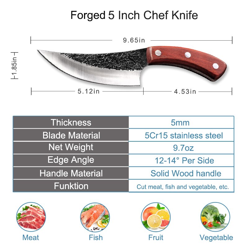 5" Meat Cleaver Boning Knife Outdoor Camping Hunting Forged Stainless Steel Chef