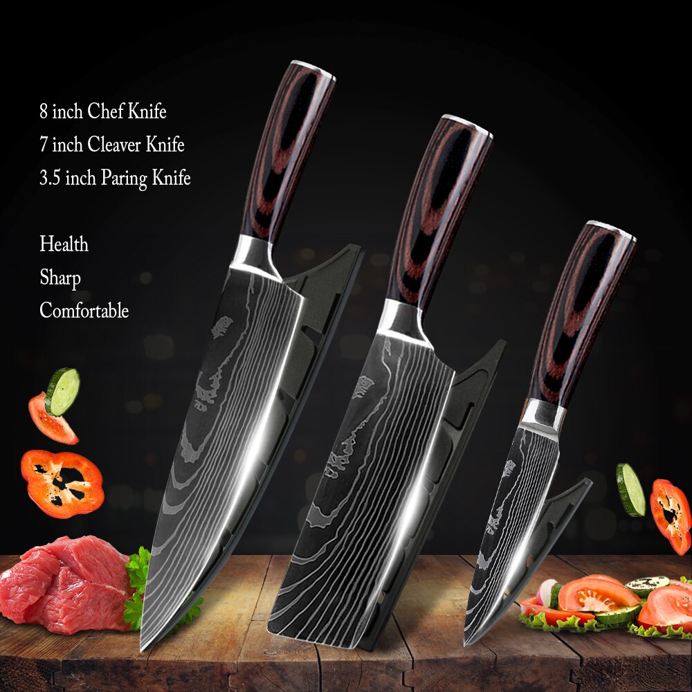 Chef Knife With Cover 1-8Pcs Stainless Steel Kitchen Knife Cleaver Slicing Damascus Veins