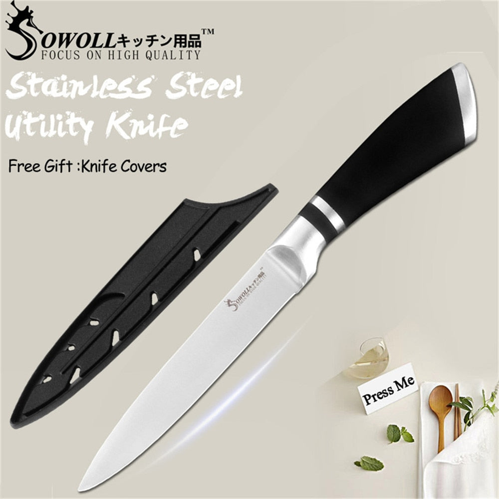 SOWOLL Kitchen Knives 1-7Pcs Stainless Steel Knives Paring Utility Santoku Bread Slicing Tool