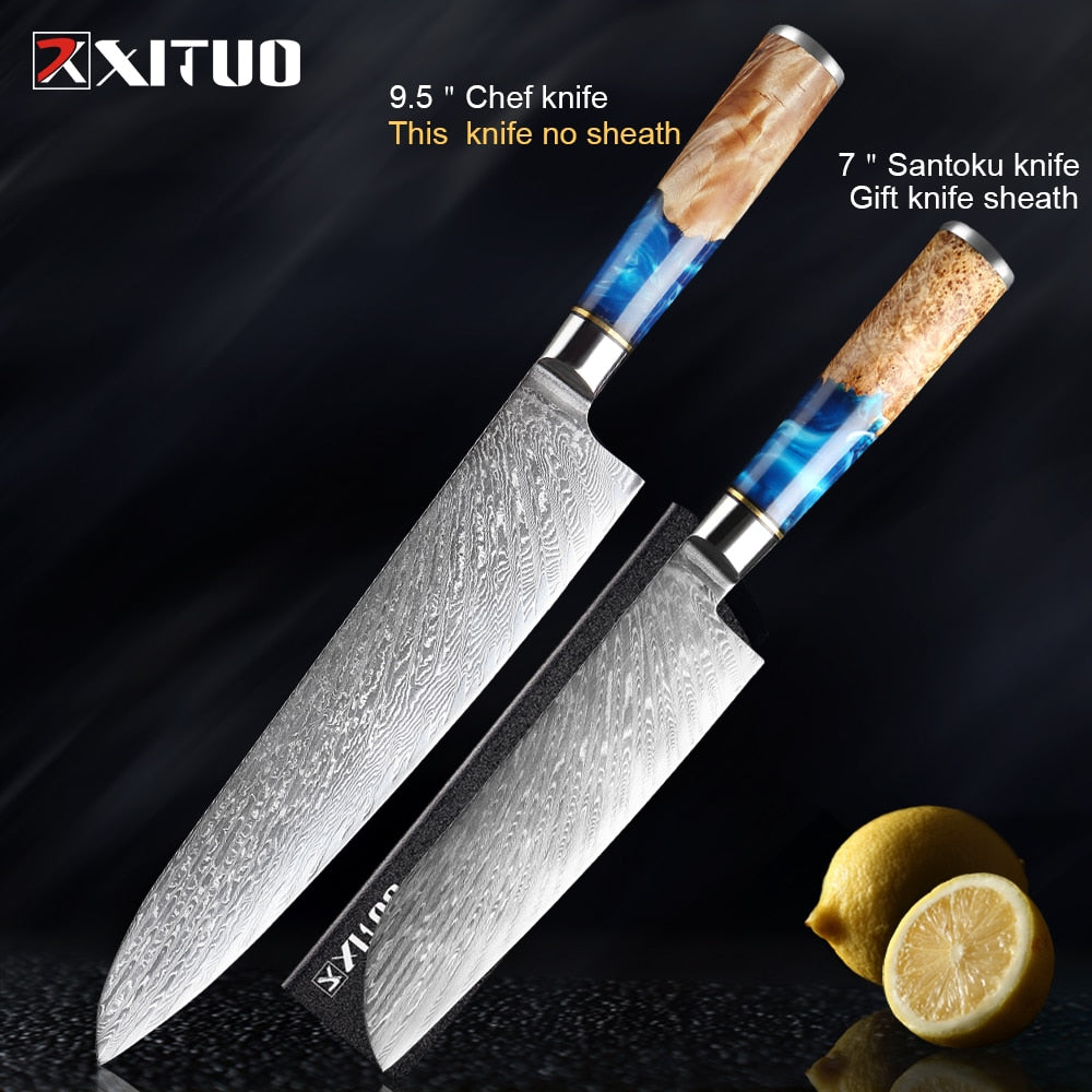 Knives-Set Damascus Steel Chef Knife Cleaver Paring Utility Bread Knife Cooking Tool Blue