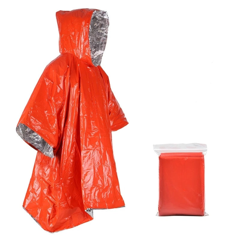 Emergency Blanket Aluminum Film Poncho Raincoat Outdoor Survival Tool Warmer