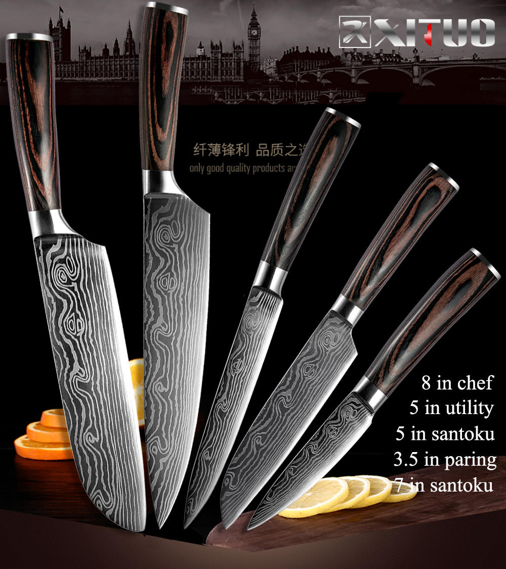 2-5PCS Set Kitchen Knife Damascus Laser Stainless Steel Blades Chef Knife Santoku knife