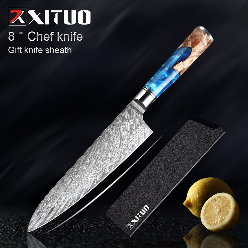 Knives-Set Damascus Steel Chef Knife Cleaver Paring Utility Bread Knife Cooking Tool Blue