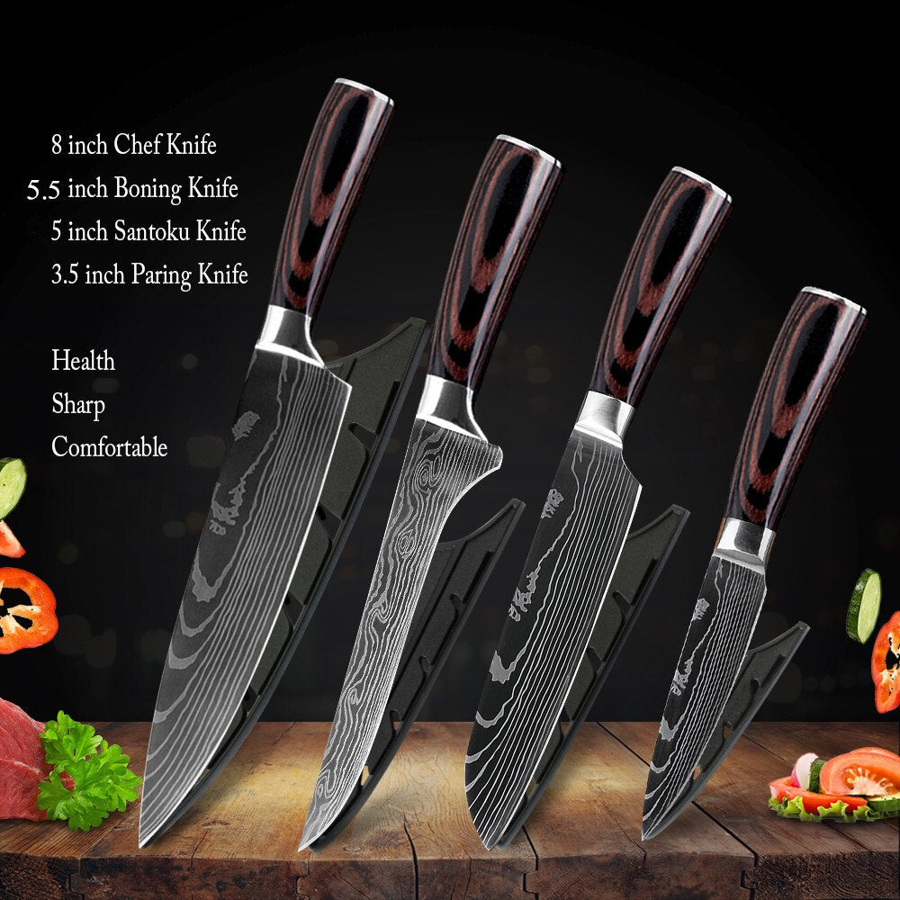 Chef Knife With Cover 1-8Pcs Stainless Steel Kitchen Knife Cleaver Slicing Damascus Veins