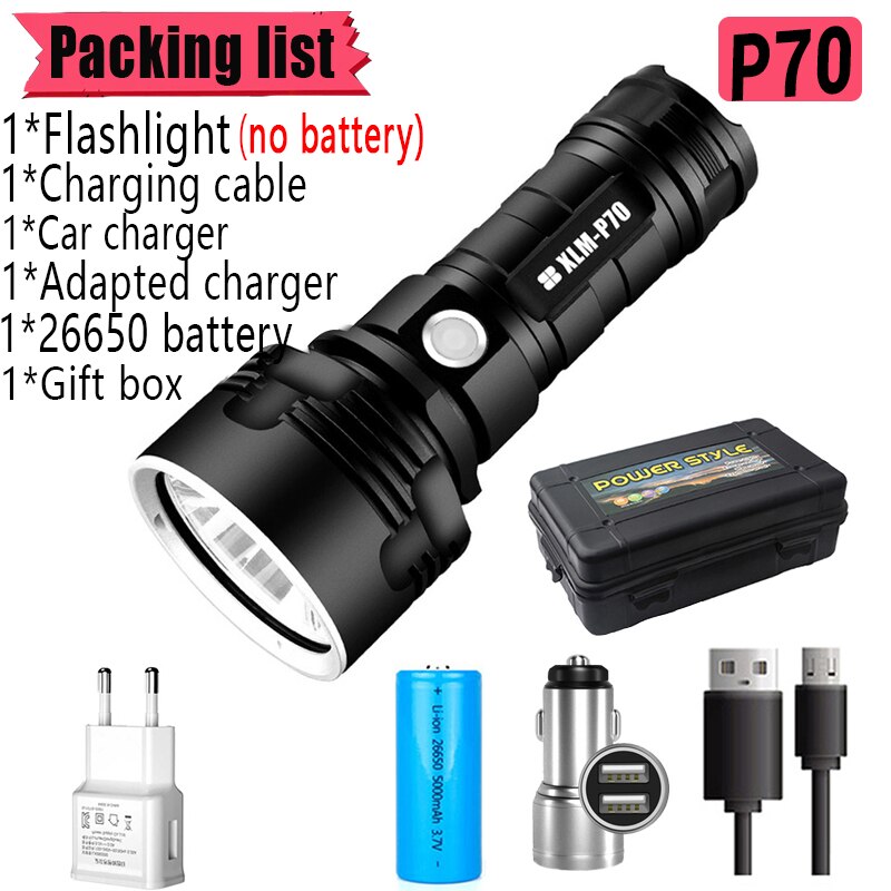 Tactical Powerful Flashlight P70 L2 Camping Lamp USB Charging Flashlight Outdoor 26650