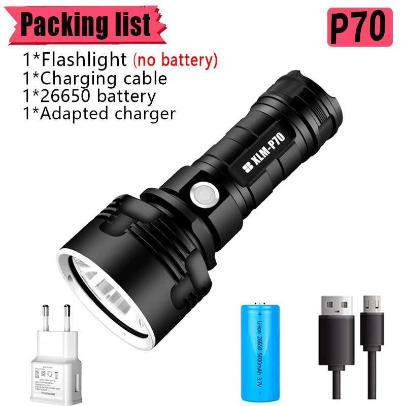 Tactical Powerful Flashlight P70 L2 Camping Lamp USB Charging Flashlight Outdoor 26650