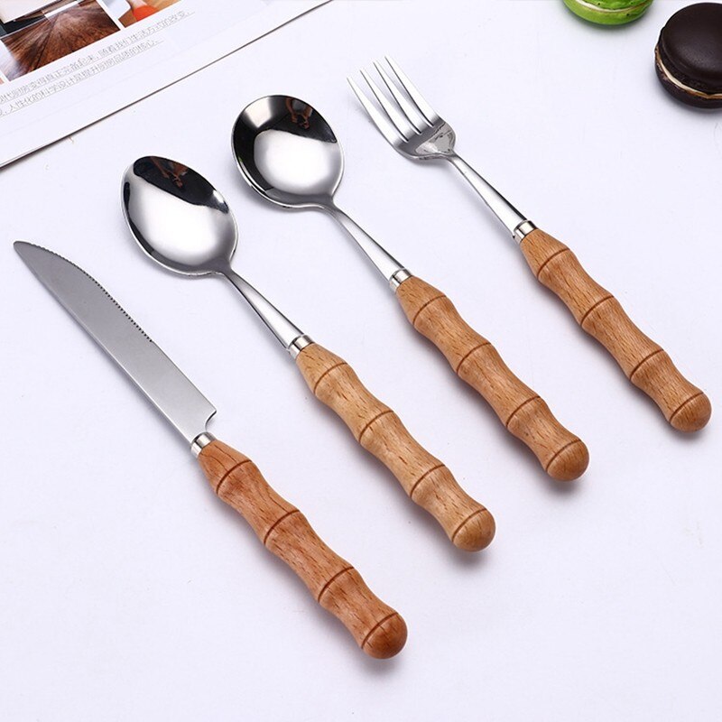 Cutlery Set Stainless Steel Wooden Handle Utensils For Kitchen Fork Spoons Knives Dinner