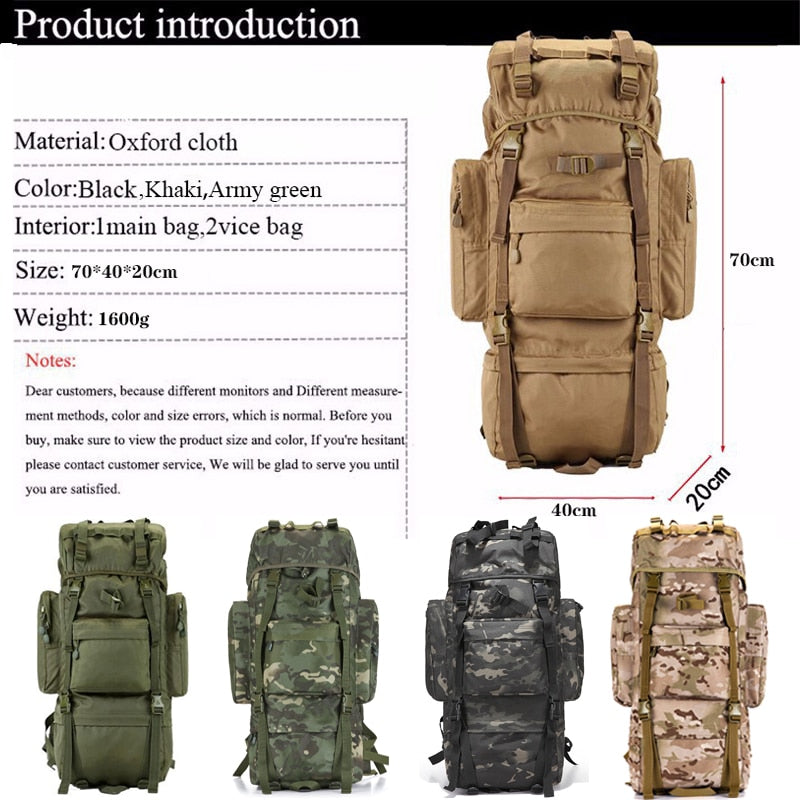 70L Large Capacity Men Backpack Military High Quality Waterproof Thickened Oxford