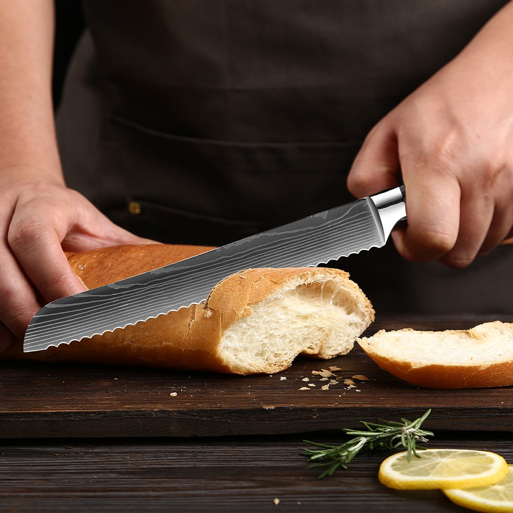 Bread Knife Serrated Design Laser Damascus Stainless Steel Blade 8 inch Chef Knives Bread