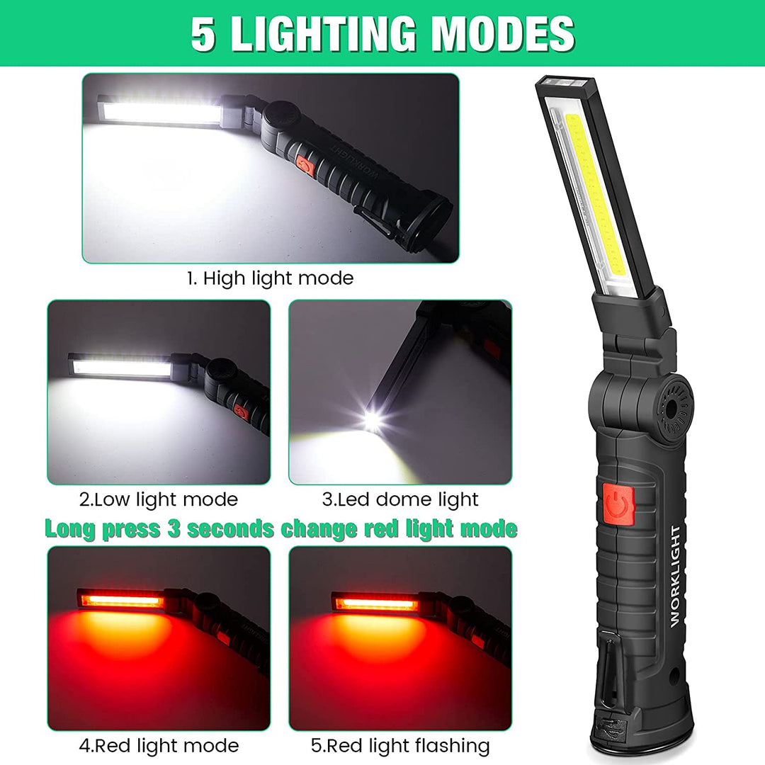 LED Work Magnetic Base Flashlights Waterproof Torch Foldable 5 Modes USB Rechargeable Work Light