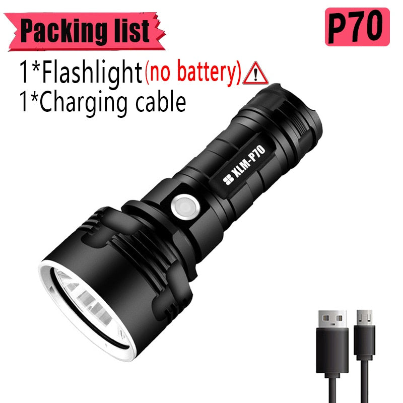 Tactical Powerful Flashlight P70 L2 Camping Lamp USB Charging Flashlight Outdoor 26650