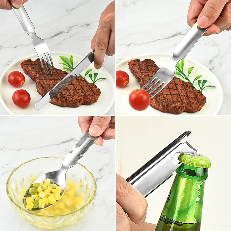 4-in-1 Portable Stainless Steel Camping Spoon, Fork, Knife and Can/Bottle Opener, Military