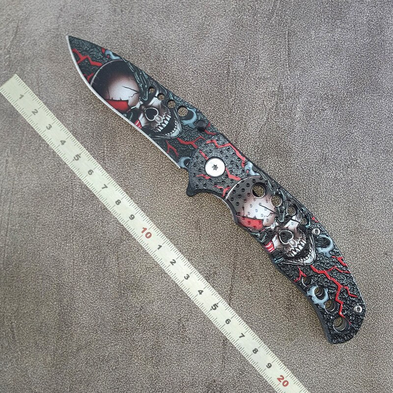 3D Print Tech Red Skull Folding Tactical Knife High Hardness Sharp Blade Outdoor Camping