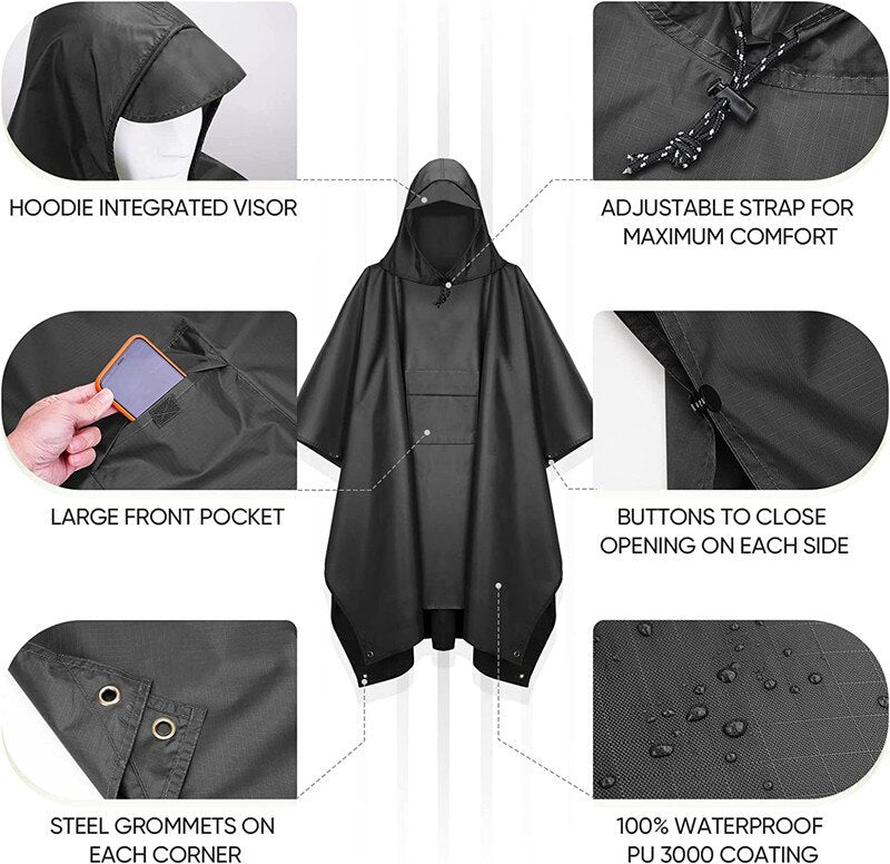 Outdoor Hooded Rain Poncho for Adult with Pocket, Waterproof Lightweight Unisex Raincoat Jacket