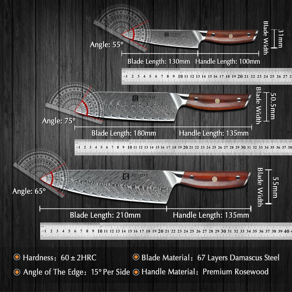 XINZUO 3PCS Kitchen Knives Sets VG10 Damascus Steel Santoku Kitchen Chef Knives Sharp