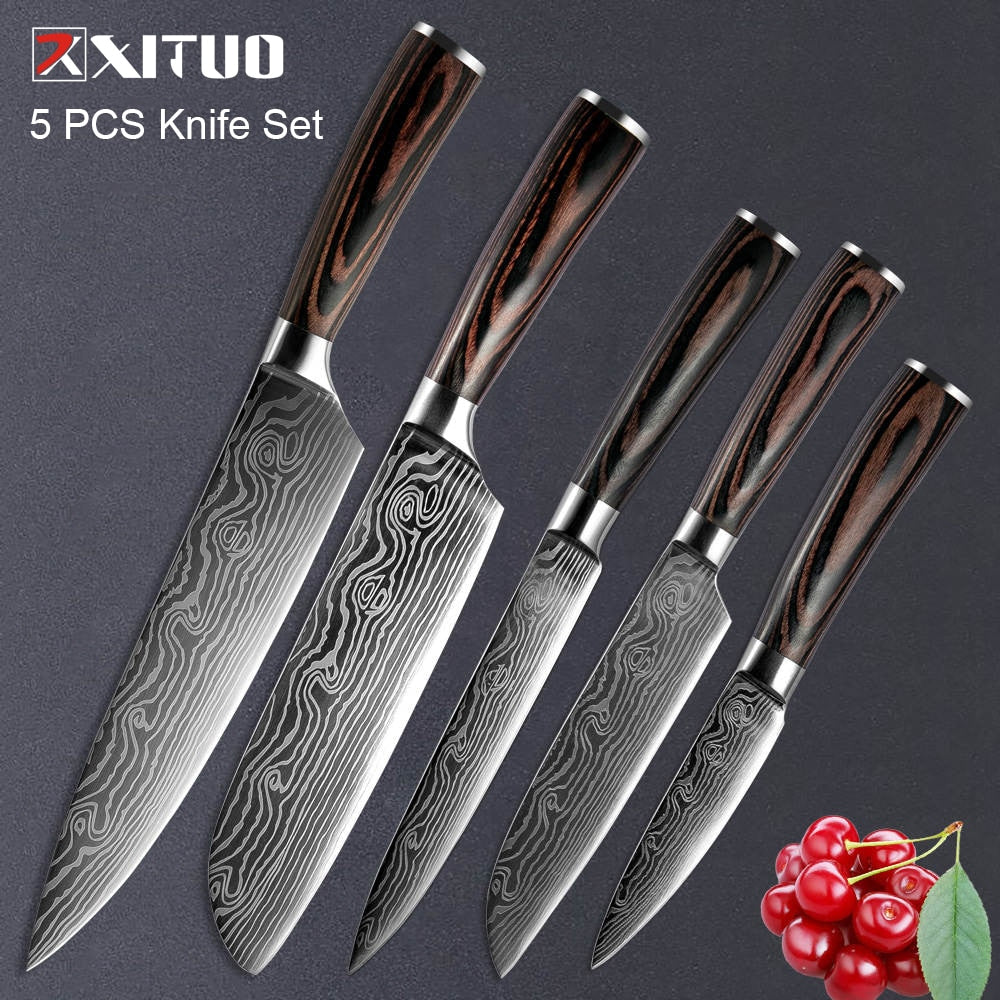 XITUO 1-5PCS set Chef Knife Japanese Stainless Steel Sanding Laser Pattern Knives Professional