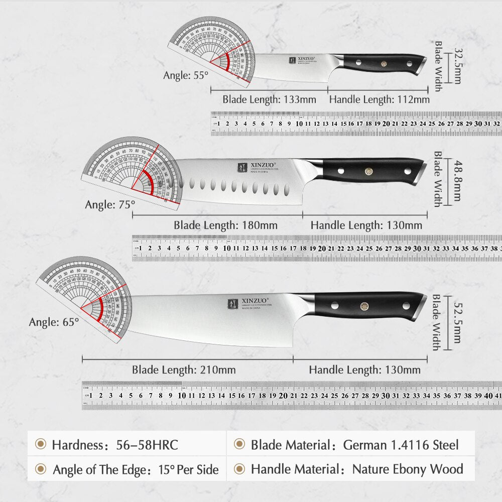 XINZUO 3pcs Kitchen Knives Set High Carbon Din 1.4116 Stainless Steel 8.5 in Chef 7 in Santoku