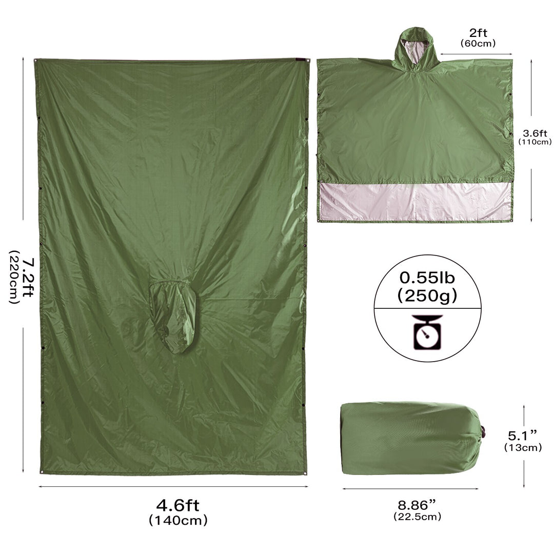 Portable Multifunctional 3 In 1 Rain Coat Hiking Camping Raincoat Poncho Mat Awning Durable