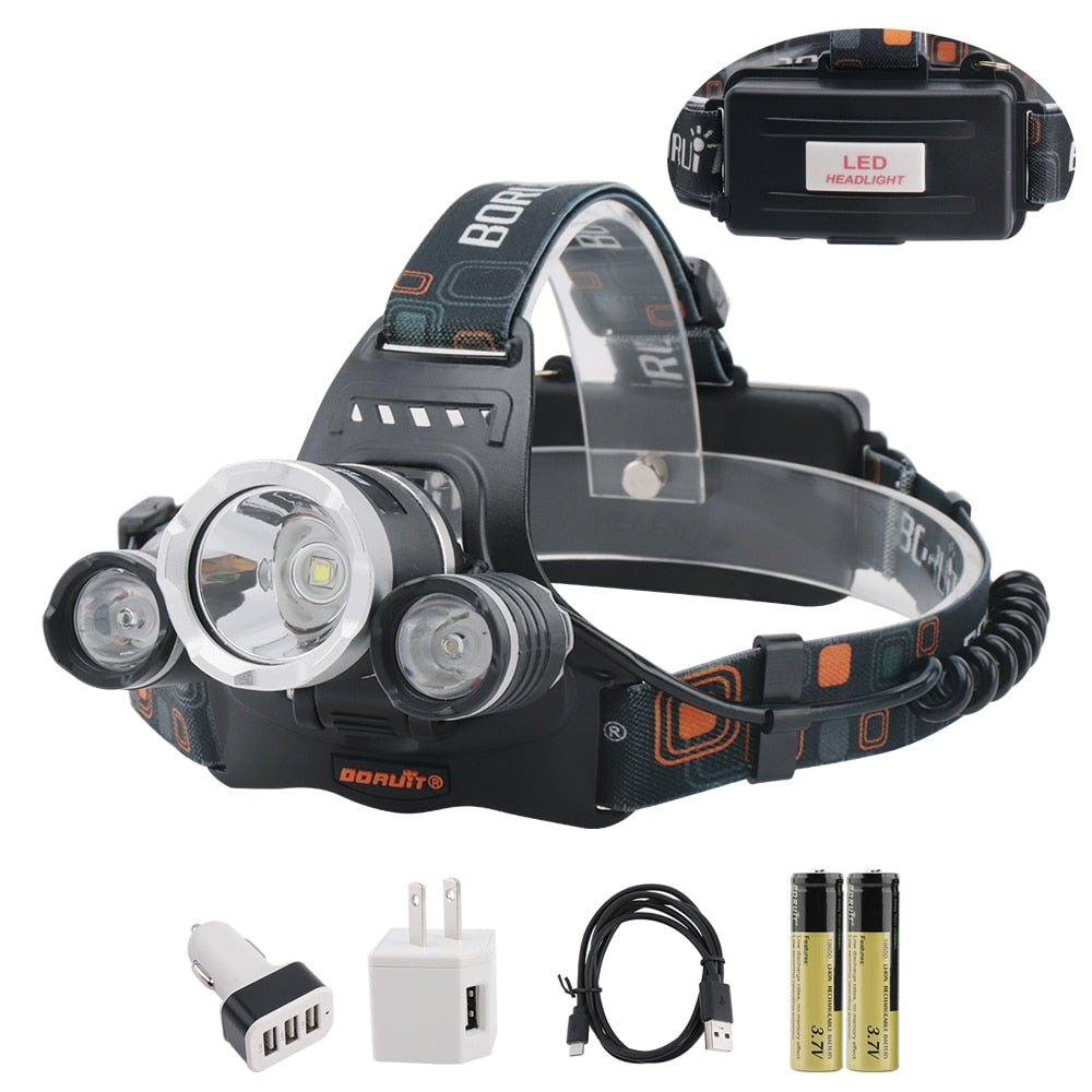 Headlamp 3000LM 4-Mode Headlight Rechargeable 18650 Waterproof Head Torch for Fishing