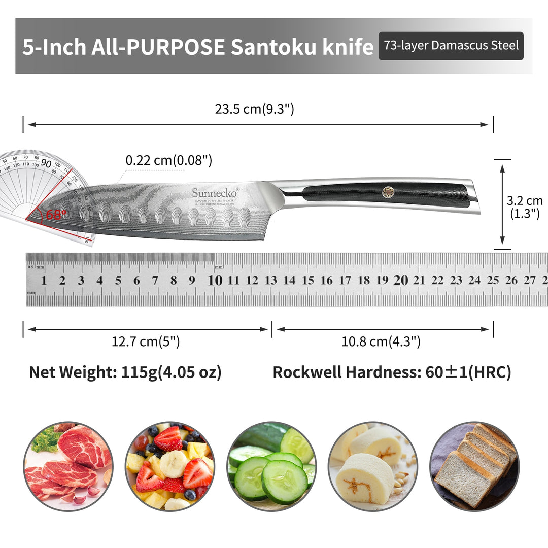 SUNNECKO Professional 5" Santoku Knife Japanese VG10 Core Damascus Steel Blade Kitchen