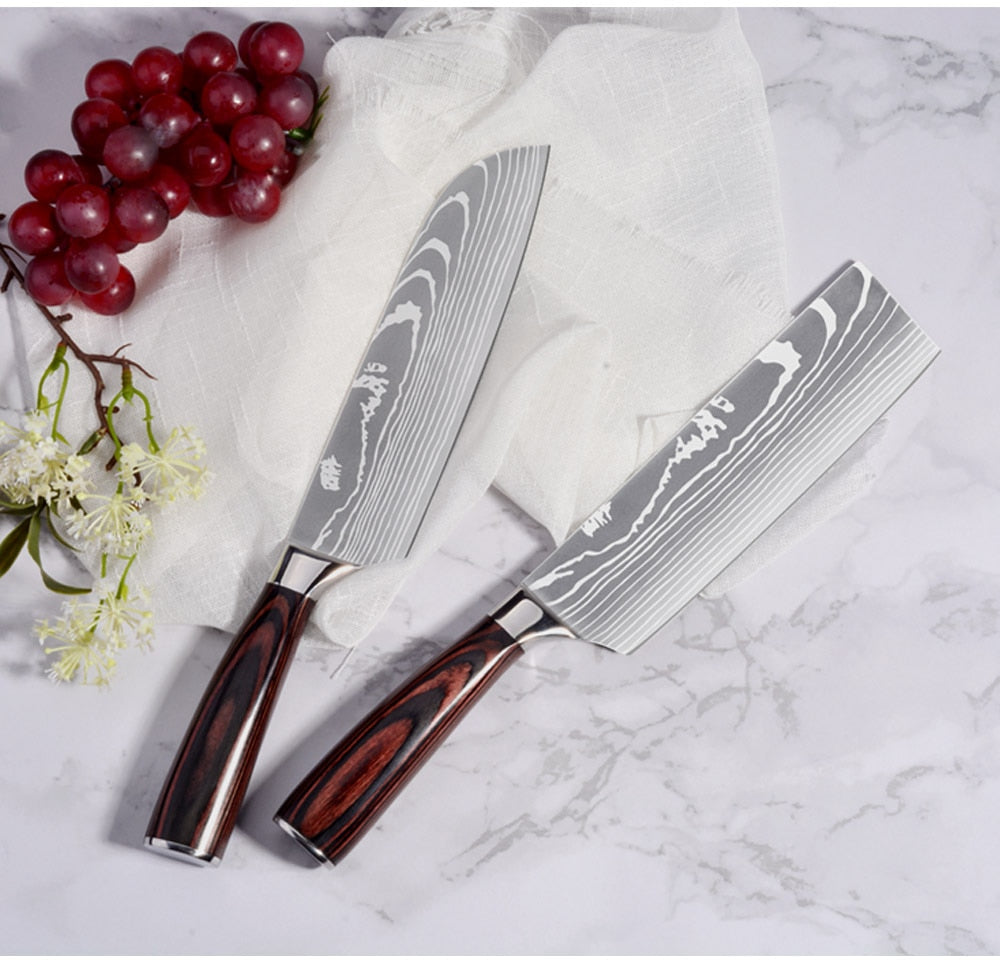 Stainless Steel Damascus Pattern Chef Knives Set Kitchen Set Butcher Boning Knife