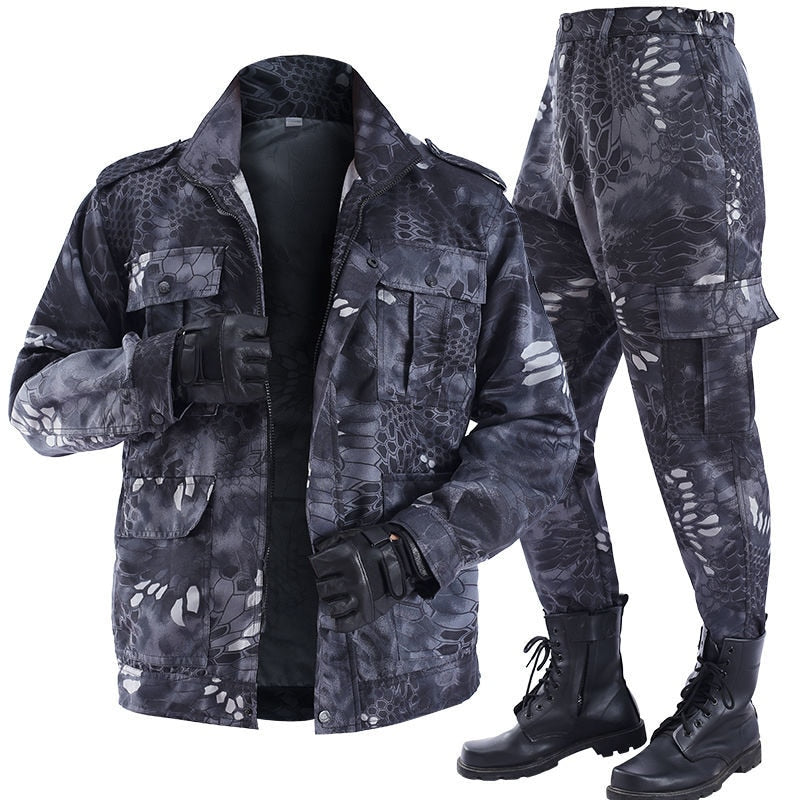 Men Spring Summer Tactical Outdoor Camouflage Suit Jacket Pant Black Python Wear-resistant Overalls