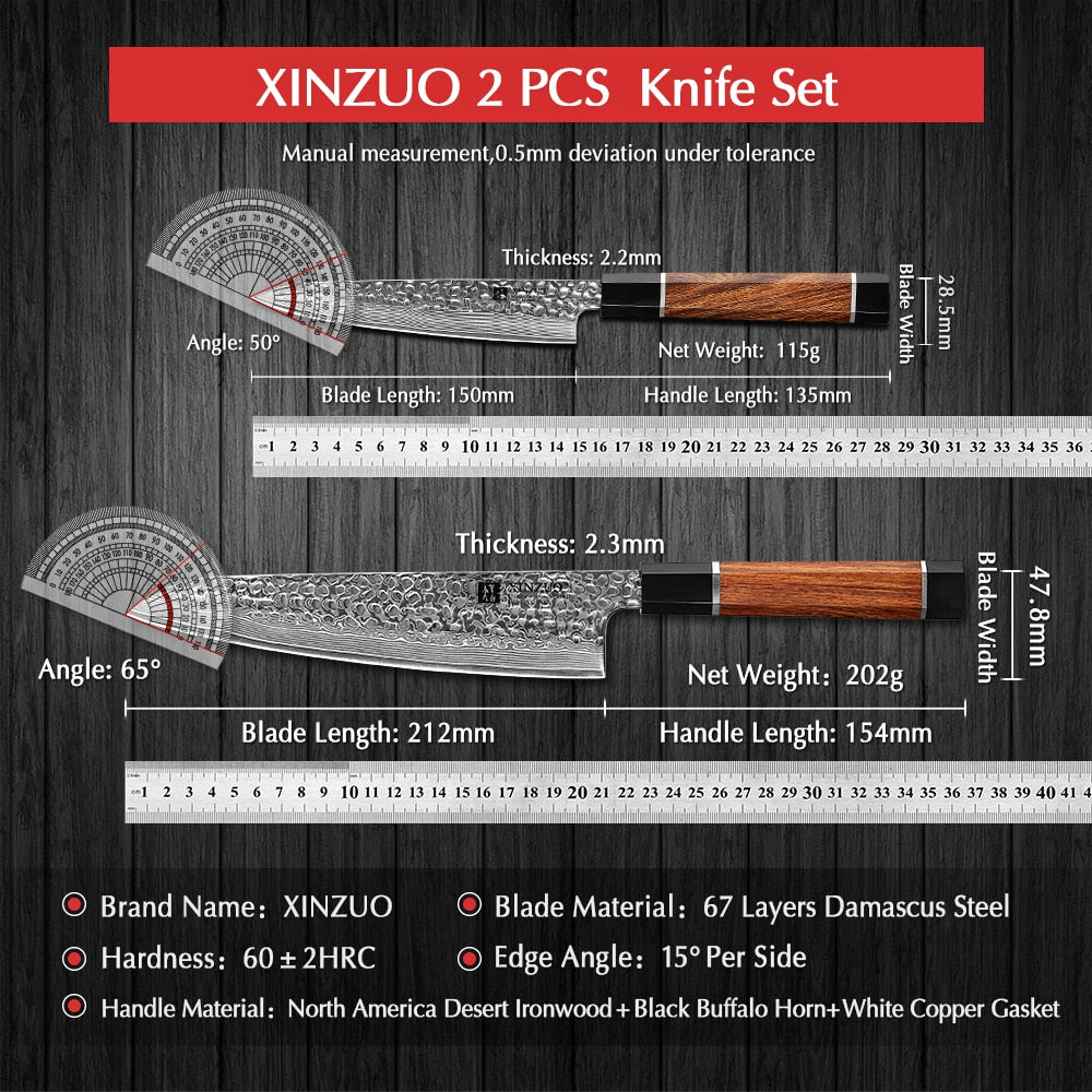 XINZUO 2PCS Kitchen Knife Set Damascus Steel VG10 Steel Knives Tools Utility Chef