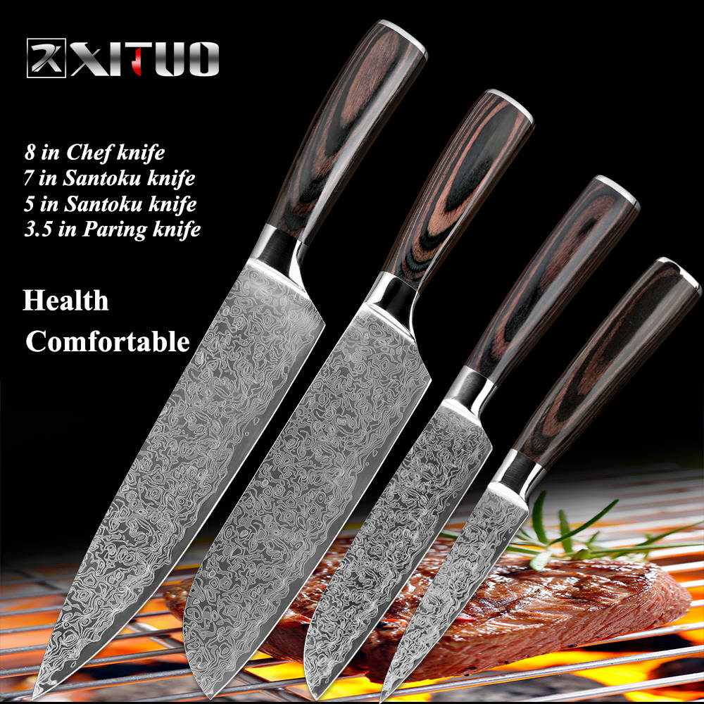 Stainless steel  kitchen knives Japanese Damascus Pattern chef knife sets Cleaver Paring Santoku