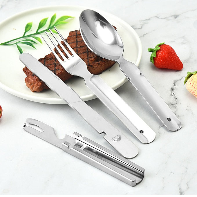 4-in-1 Portable Stainless Steel Camping Spoon, Fork, Knife and Can/Bottle Opener, Military