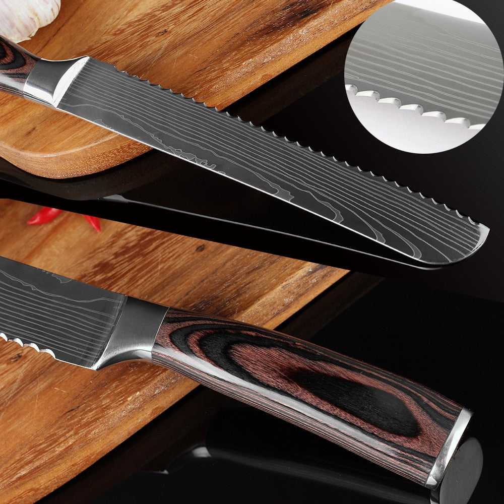 Bread Knife Serrated Design Laser Damascus Stainless Steel Blade 8 inch Chef Knives Bread