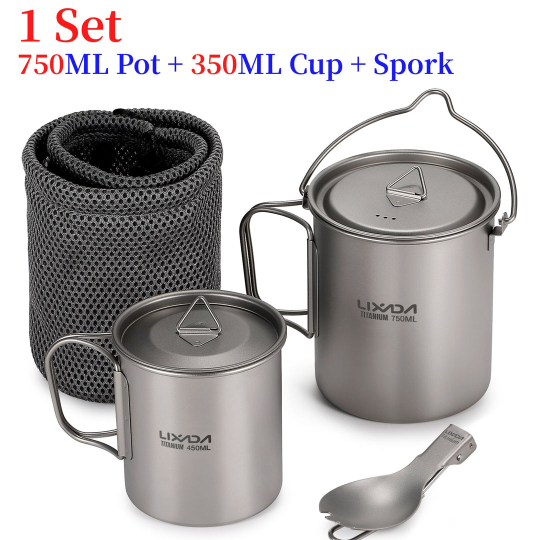 Lixada Titanium Pot Camping Tableware Water Mug Folding Spork Outdoor Cookware