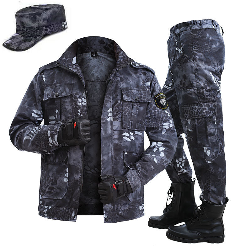 Men Spring Summer Tactical Outdoor Camouflage Suit Jacket Pant Black Python Wear-resistant Overalls