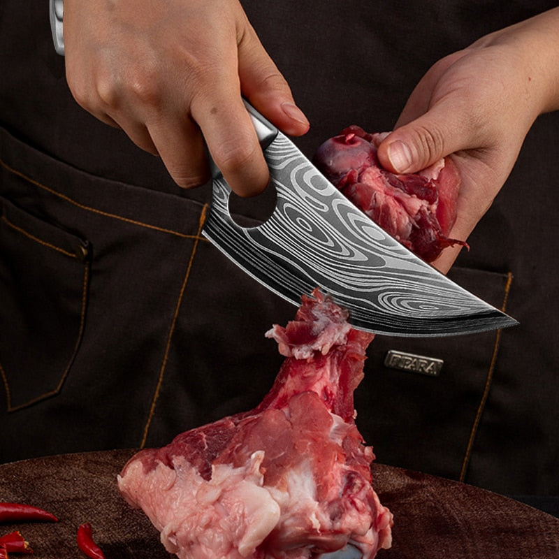 Damascus Pattern Stainless Steel Boning  Butcher Knife Meat Cleaver Outdoor Hunting Kitchen