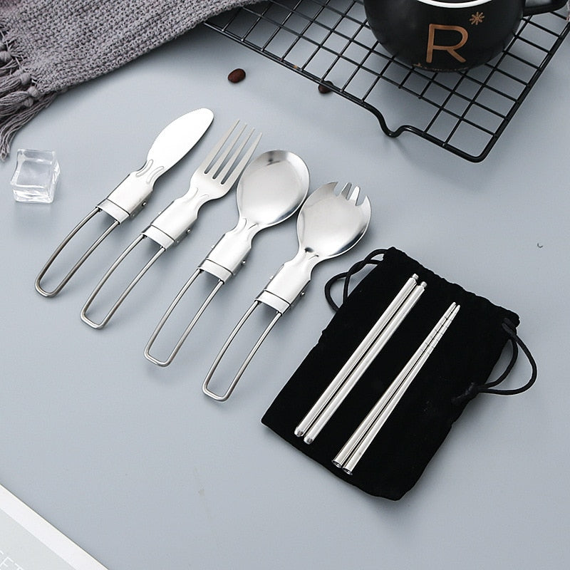 304 Stainless Steel Folding Spoon Spork Outdoor Tableware  Camping Cookware