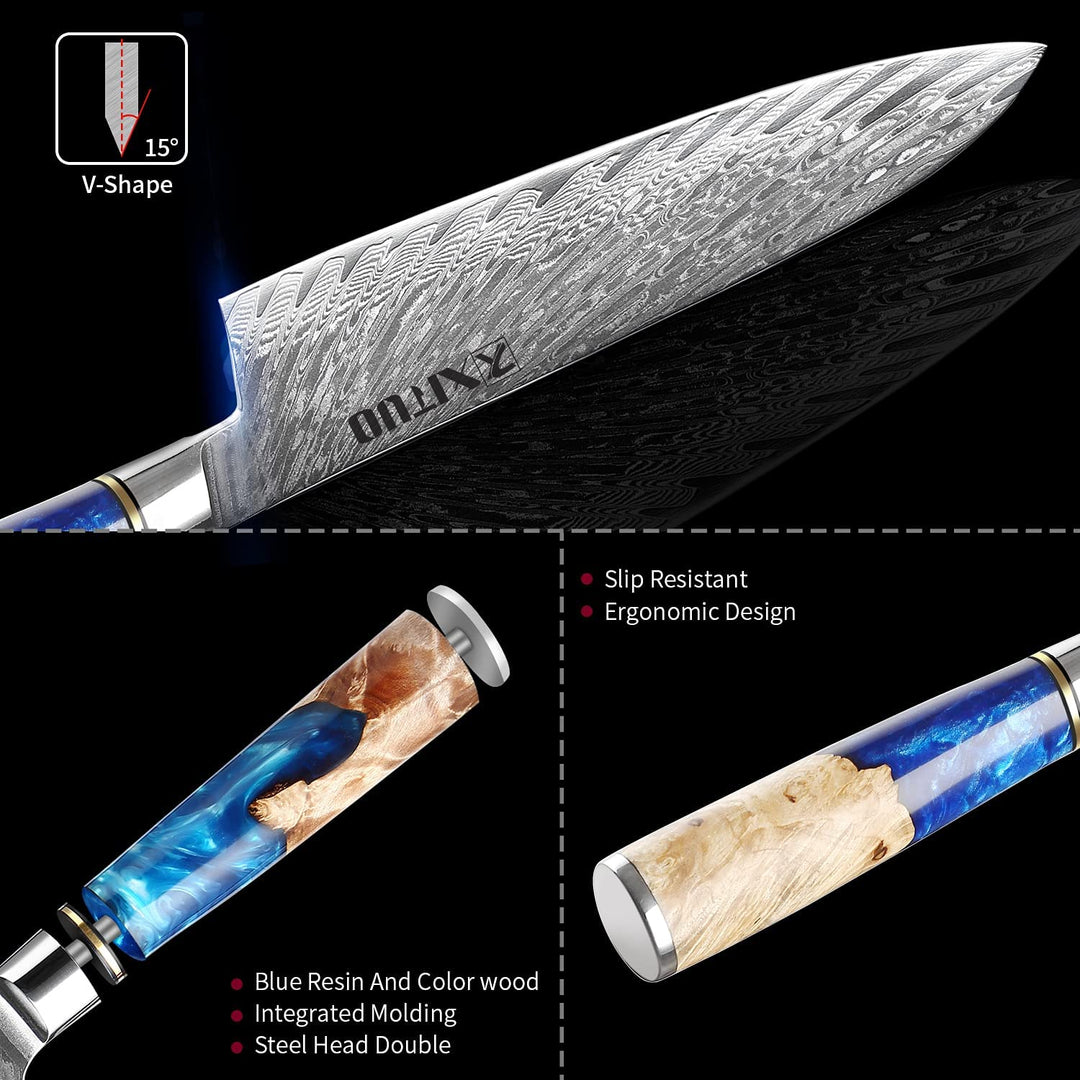 Knives-Set Damascus Steel Chef Knife Cleaver Paring Utility Bread Knife Cooking Tool Blue