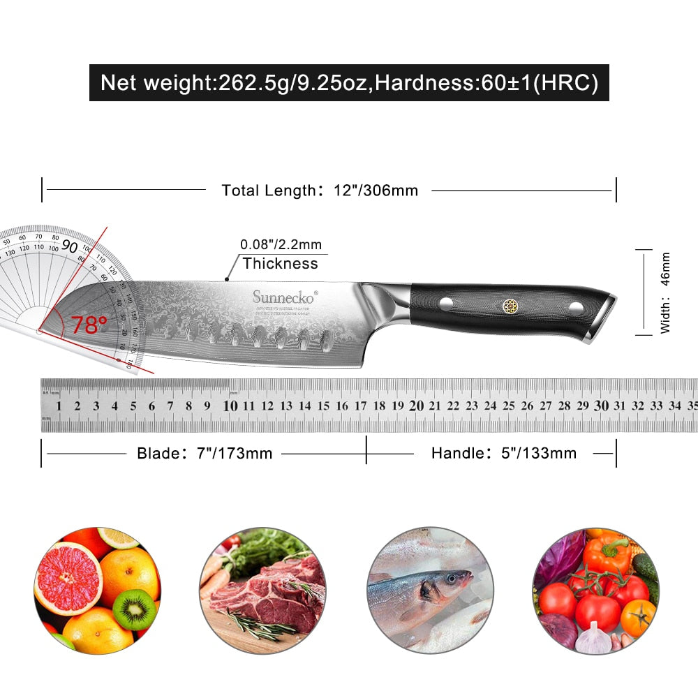 Premium SUNNECKO 7" Santoku Kitchen Knife Japanese VG10 Steel Blade Razor Sharp Knives