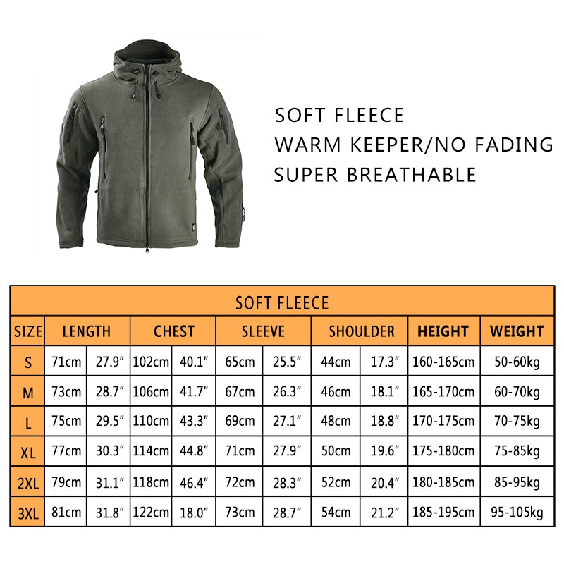 Men Thermal Fleece Military Tactical Jacket Airsoft Hooded Coat Soft Hiking Safari Hunting Cloth