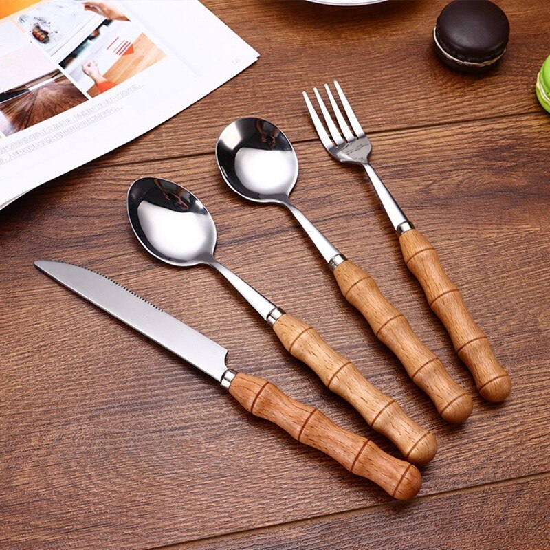 Cutlery Set Stainless Steel Wooden Handle Utensils For Kitchen Fork Spoons Knives Dinner