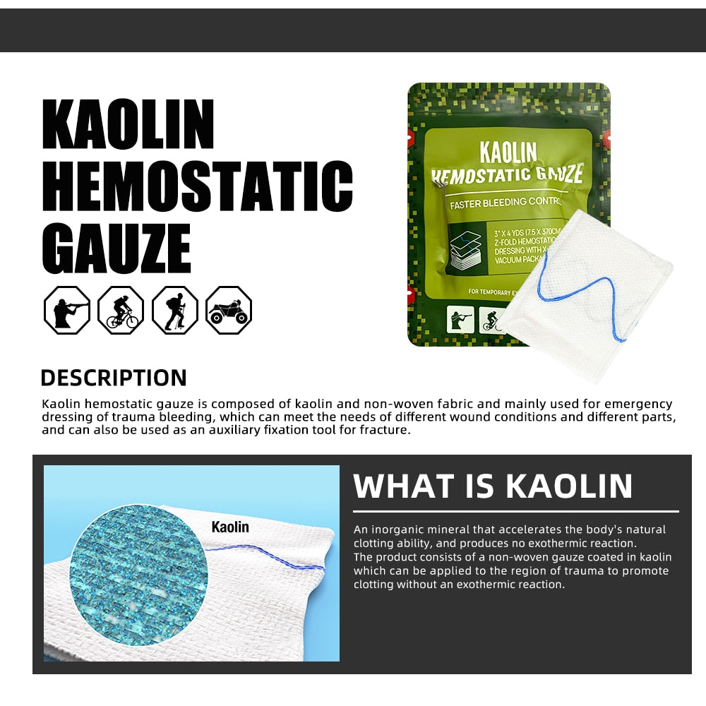 Hemostatic Kaolin Gauze Combat Emergency Trauma Z-Fold Soluble For Tactical Military First Aid Kit