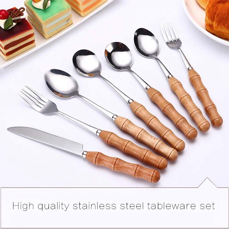 Cutlery Set Stainless Steel Wooden Handle Utensils For Kitchen Fork Spoons Knives Dinner