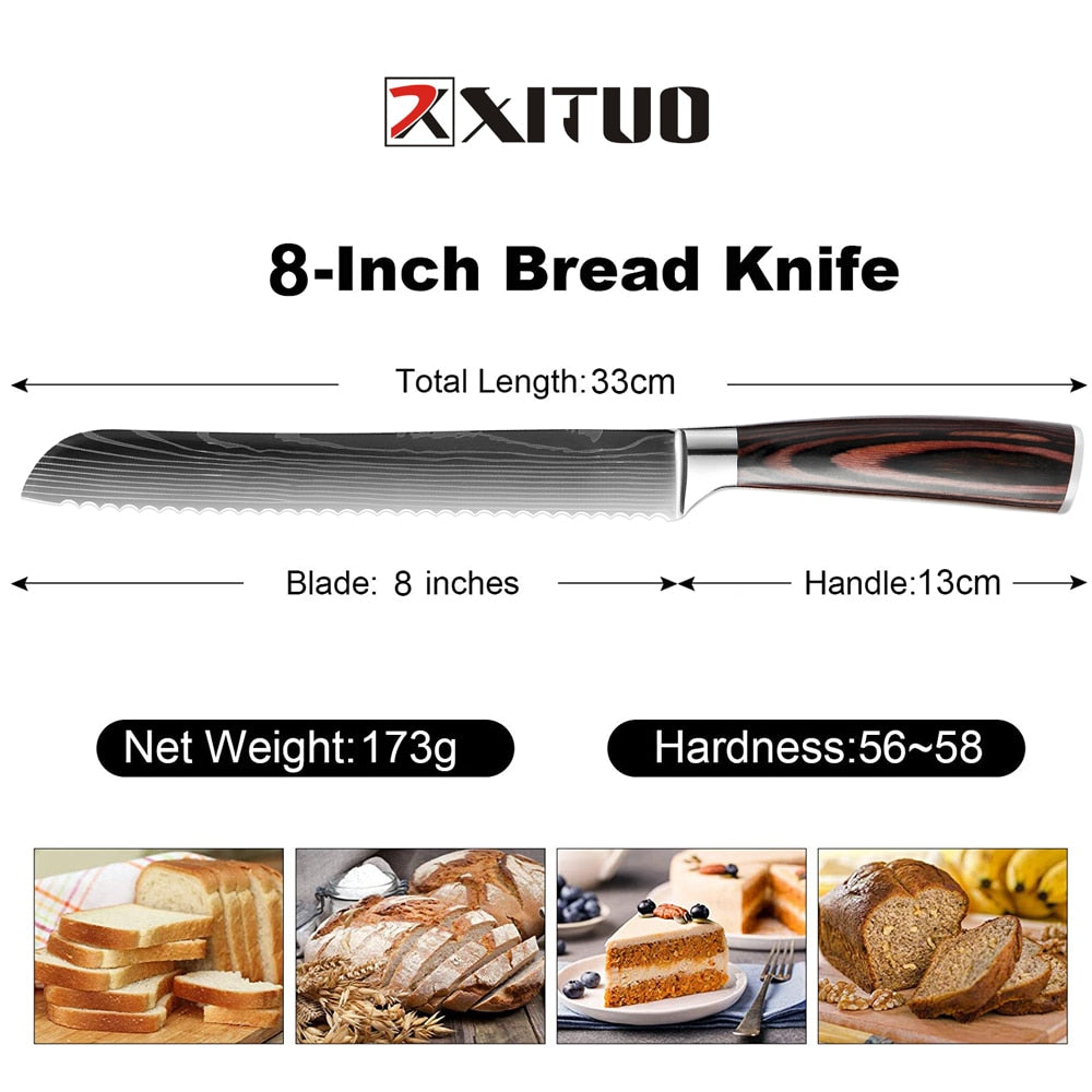 Bread Knife Serrated Design Laser Damascus Stainless Steel Blade 8 inch Chef Knives Bread