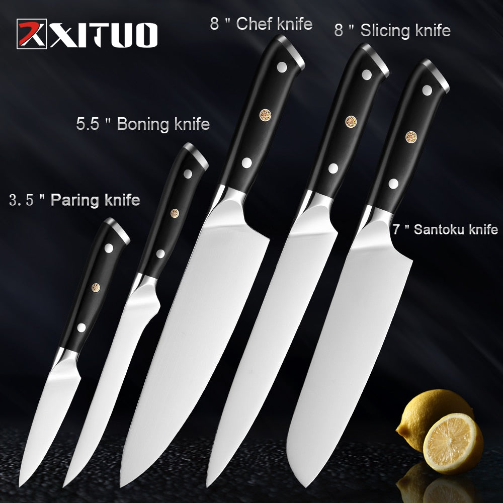 German Stainless Steel Kitchen Knife 1-7PCS Chef Knife Sharp Santoku Knife Cleaver Paring